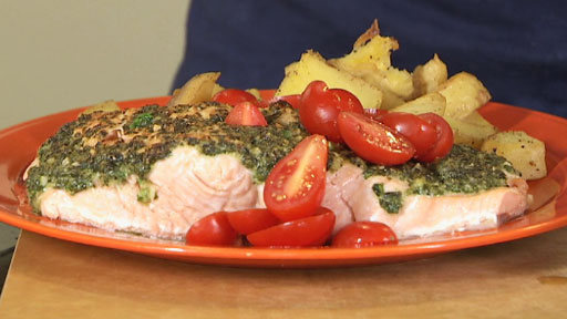 Basil Pesto Topped Salmon Screenshot from America's Heartland Season 10 Episode 17