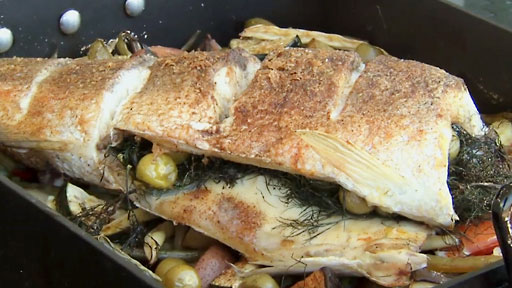 Roasted Striped Bass Atop Seasonal Vegetables Screenshot from America's Heartland Season 8 Episode 19