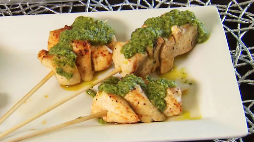 Chicken Skewers with Minty Walnut Pesto