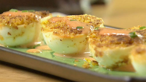 Crispy Deviled Eggs with Tomato Hollandaise Sauce Screenshot from America's Heartland Season 9 Episode 20